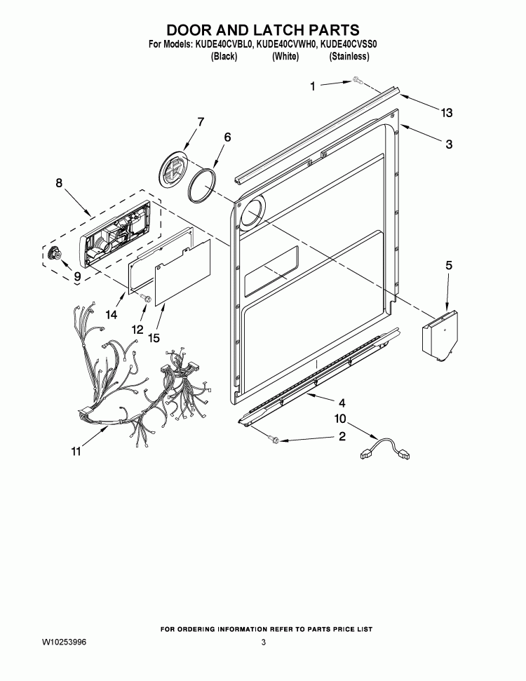 DOOR AND LATCH PARTS Diagram and Parts List for KUDE40CVWH0  KitchenAid Dishwasher