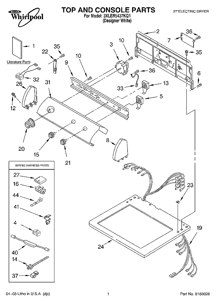 TOP AND CONSOLE PARTS Diagram and Parts List for 3XLER5437KQ1  Whirlpool Dryer