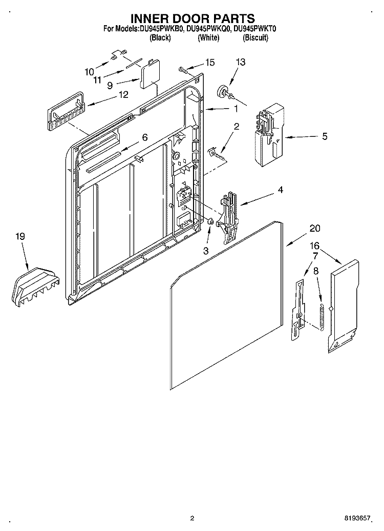 INNER DOOR Diagram and Parts List for DU945PWKB0  Whirlpool Dishwasher