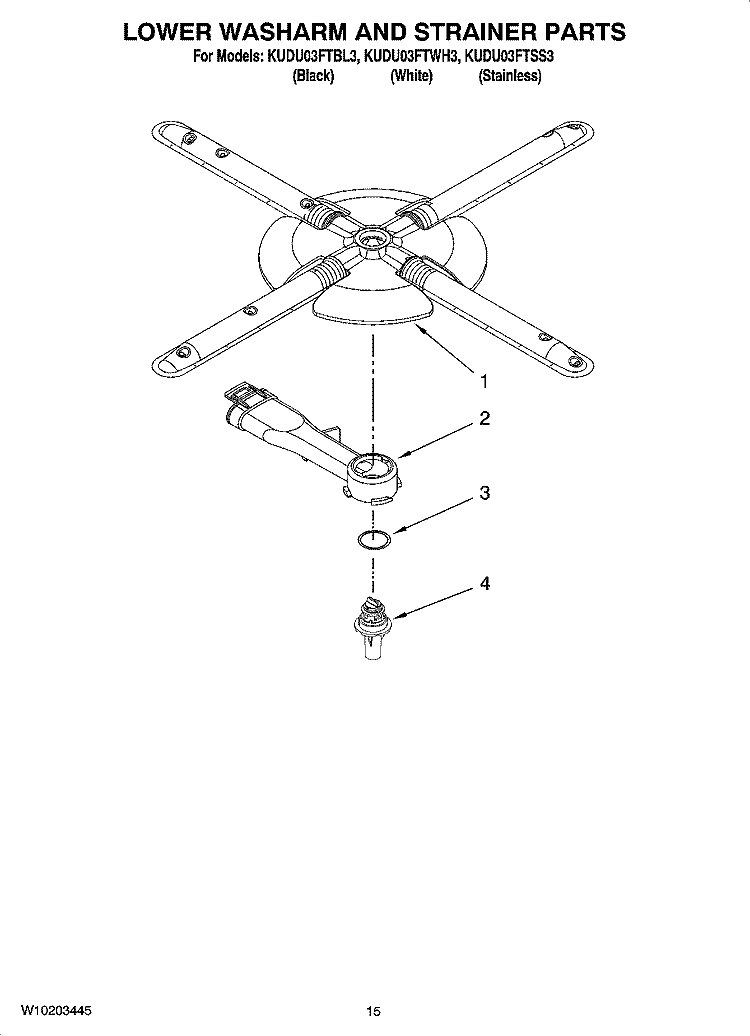LOWER WASHARM AND STRAINER PARTS, OPTIONAL PARTS (NOT INCLUDED) Diagram and Parts List for KUDU03FTBL3  KitchenAid Dishwasher