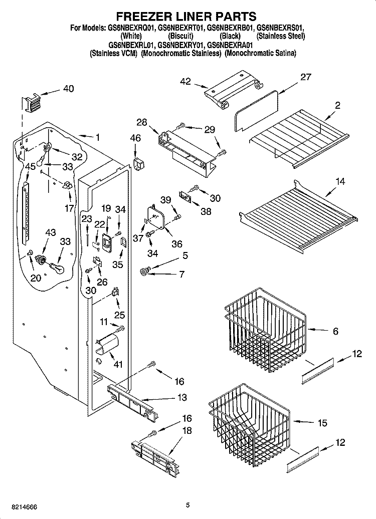 FREEZER LINER PARTS Diagram and Parts List for GS6NBEXRT01  Whirlpool Refrigerator