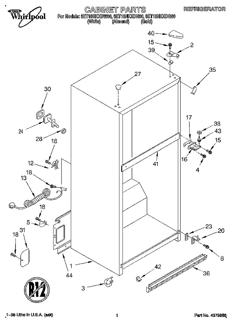 CABINET Diagram and Parts List for 8ET18NKXDG00  Whirlpool Refrigerator