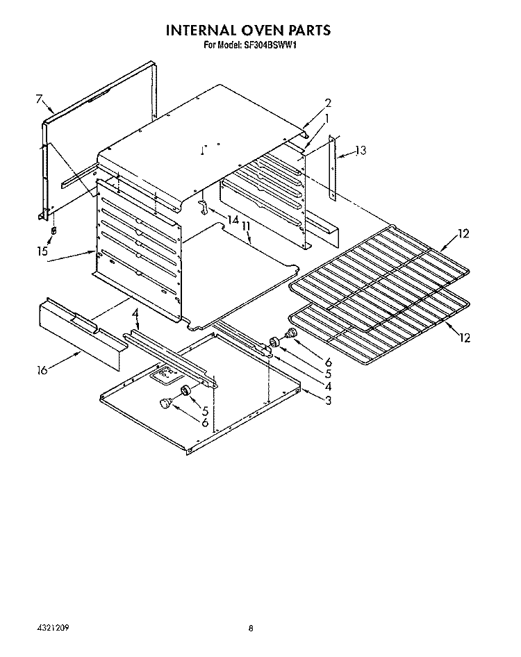 INTERNAL OVEN Diagram and Parts List for SF304BSWW1  Whirlpool Range
