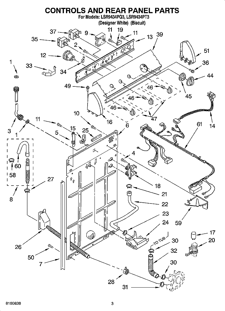 CONTROLS AND REAR PANEL PARTS Diagram and Parts List for LSR9434PT3  Whirlpool Washer