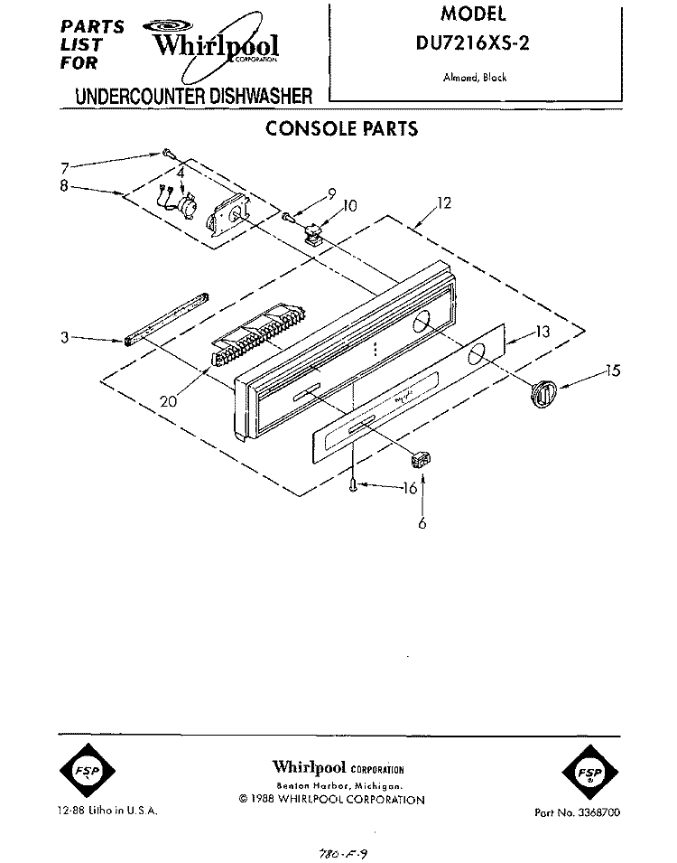 CONSOLE Diagram and Parts List for DU7216XS2  Whirlpool Dishwasher