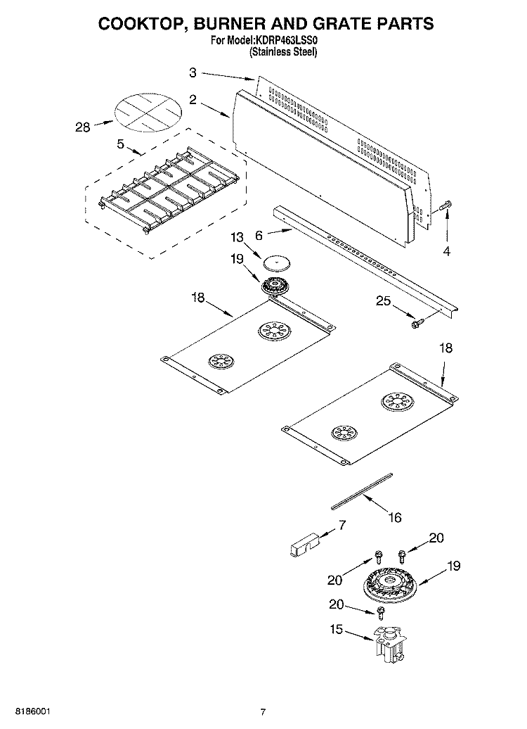 COOKTOP, BURNER AND GRATE Diagram and Parts List for KDRP463LSS0  KitchenAid Range