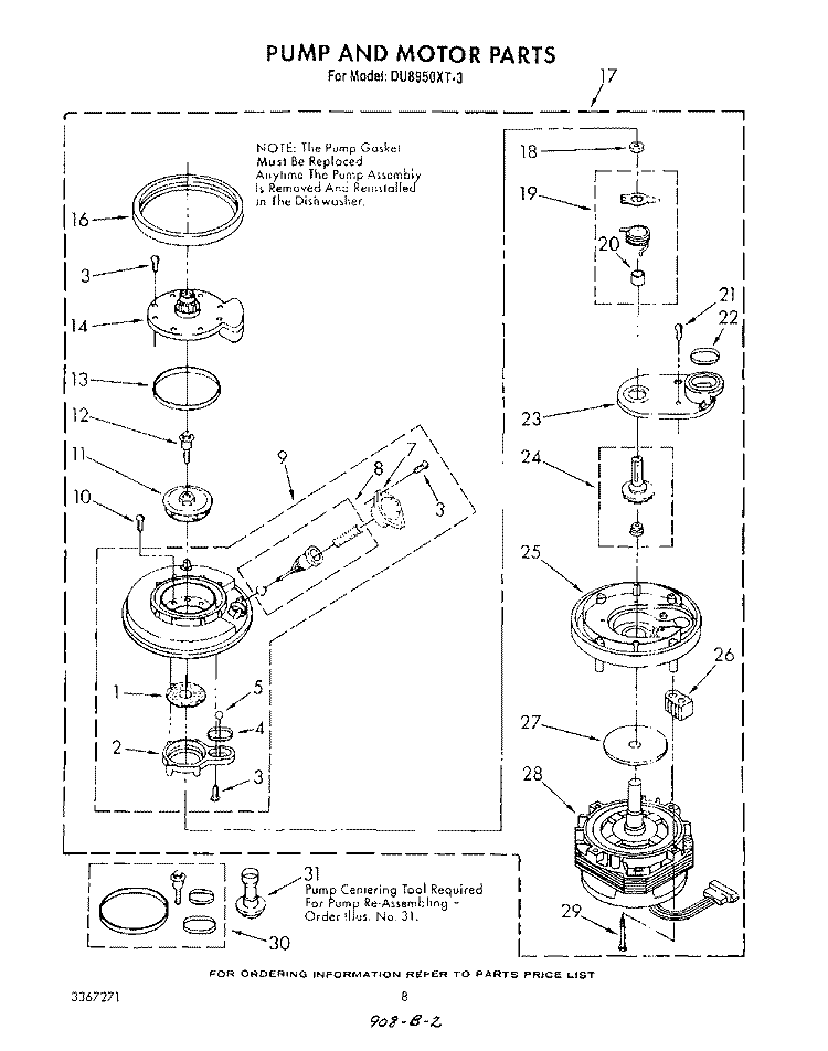 PUMP AND MOTOR Diagram and Parts List for DU8950XT3  Whirlpool Dishwasher