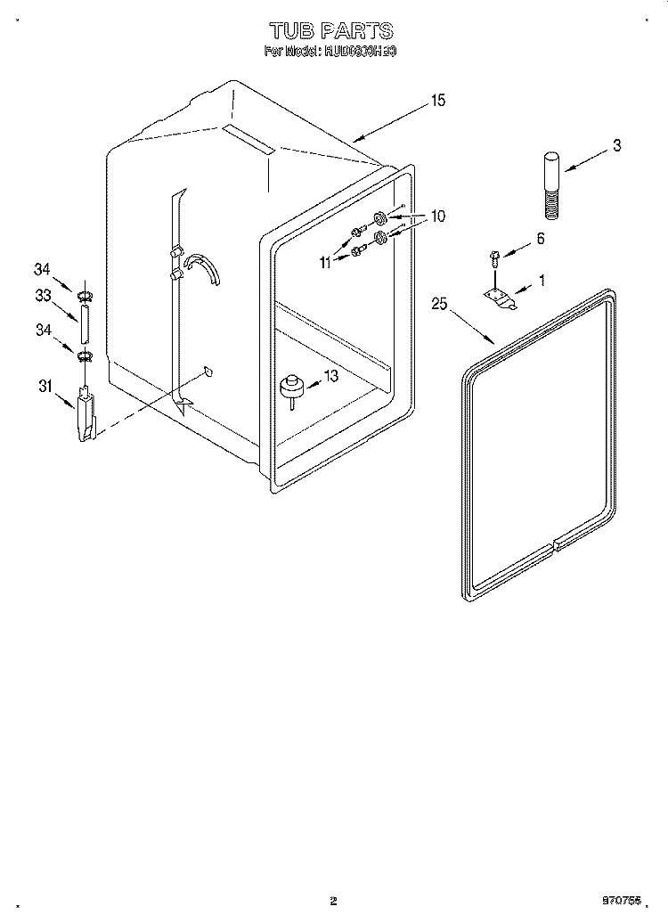 TUB Diagram and Parts List for RUD0800HB0  Roper Dishwasher