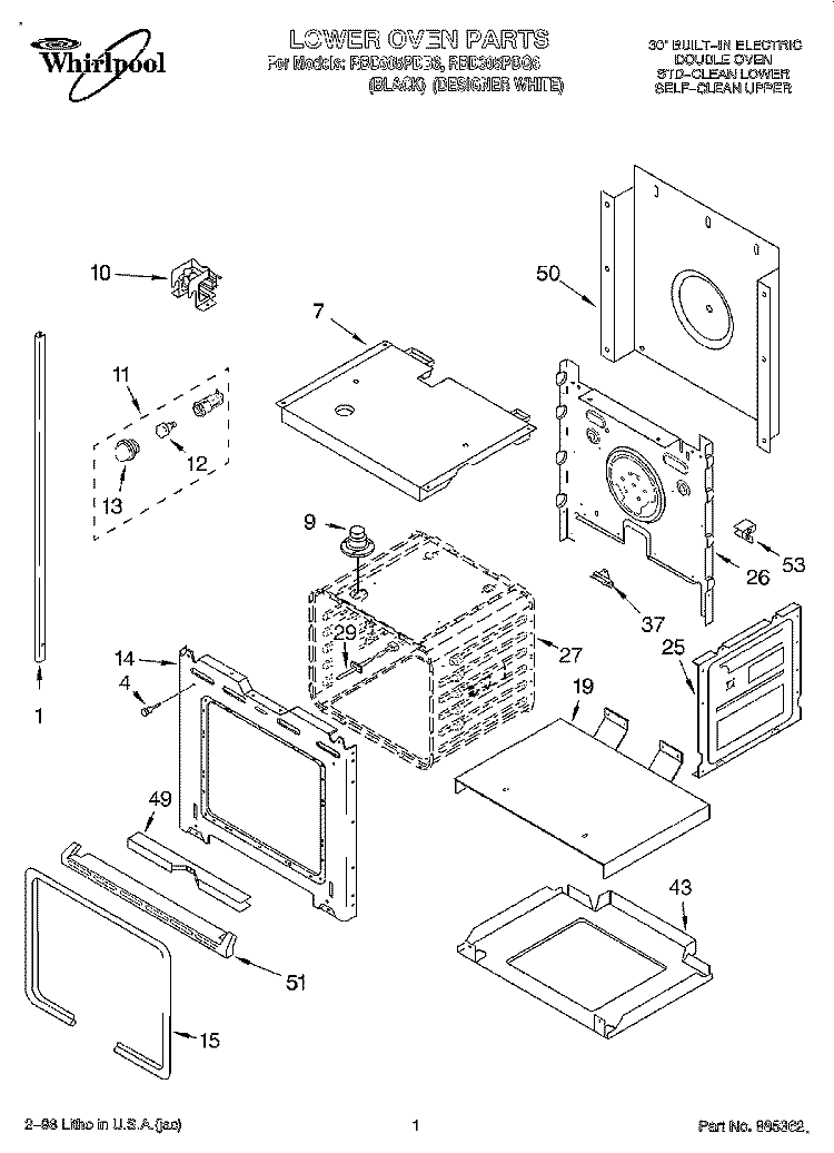 LOWER OVEN Diagram and Parts List for RBD305PDB6  Whirlpool Wall Oven