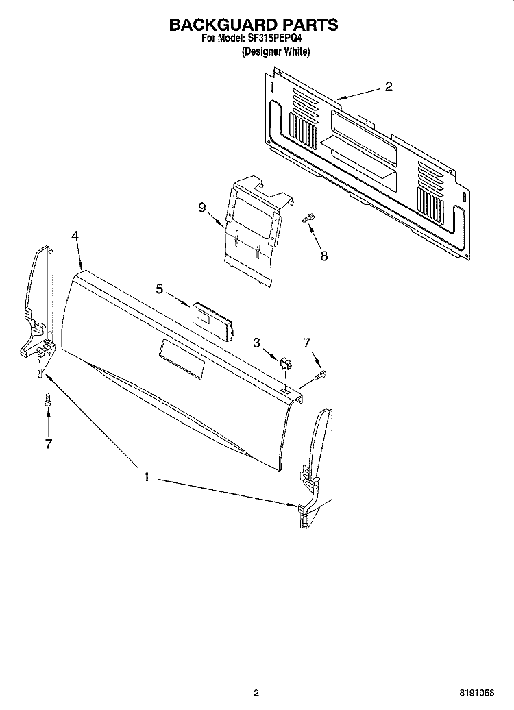 BACKGUARD PARTS Diagram and Parts List for SF315PEPQ4  Whirlpool Range