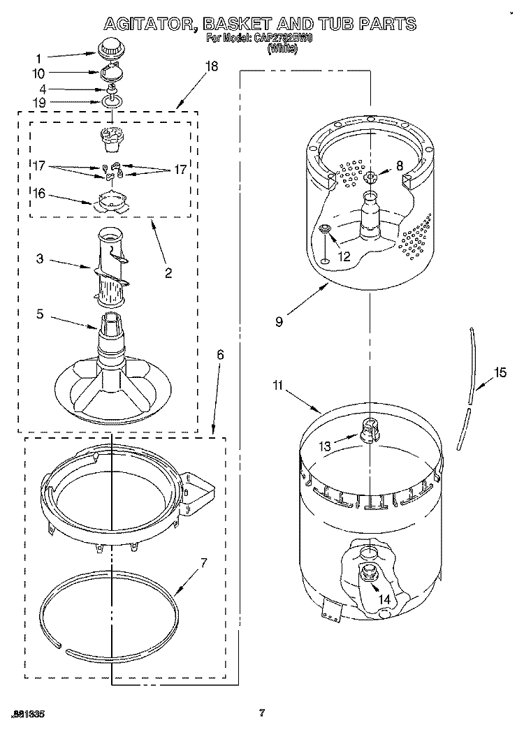 AGITATOR, BASKET AND TUB Diagram and Parts List for CAP2782BW0  Whirlpool Washer