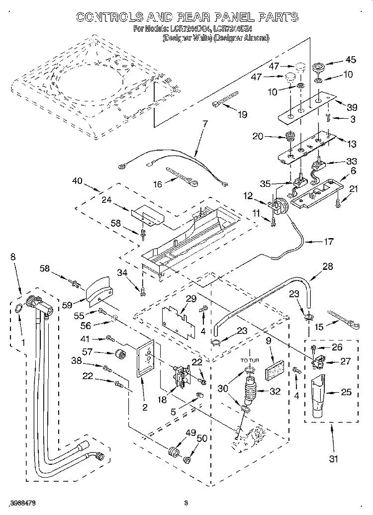 CONTROLS AND REAR PANEL Diagram and Parts List for LCR7244DZ4  Whirlpool Washer