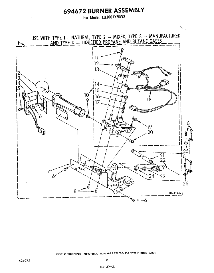 694672 BURNER Diagram and Parts List for LG3001XMW2  Whirlpool Dryer