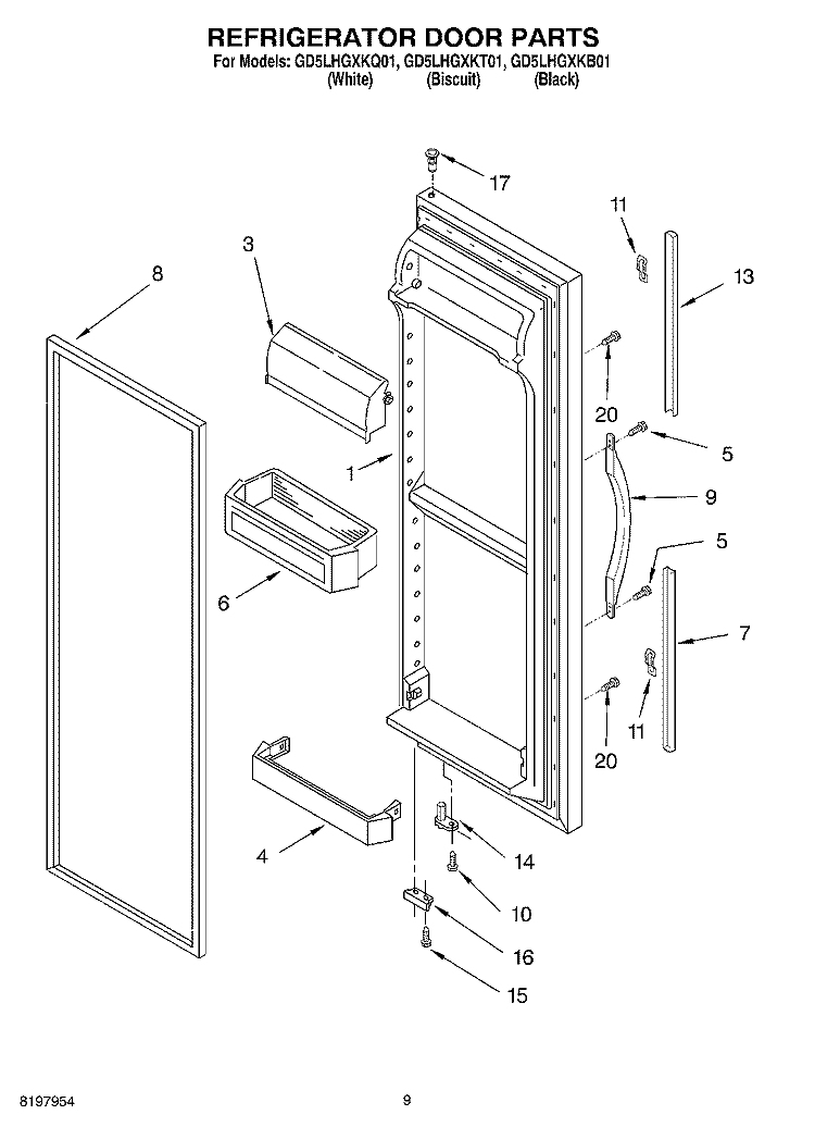 REFRIGERATOR DOOR Diagram and Parts List for GD5LHGXKB01  Whirlpool Refrigerator