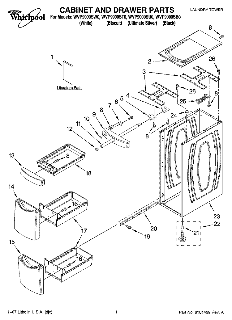 CABINET AND DRAWER PARTS Diagram and Parts List for WVP9000ST0  Whirlpool Washer