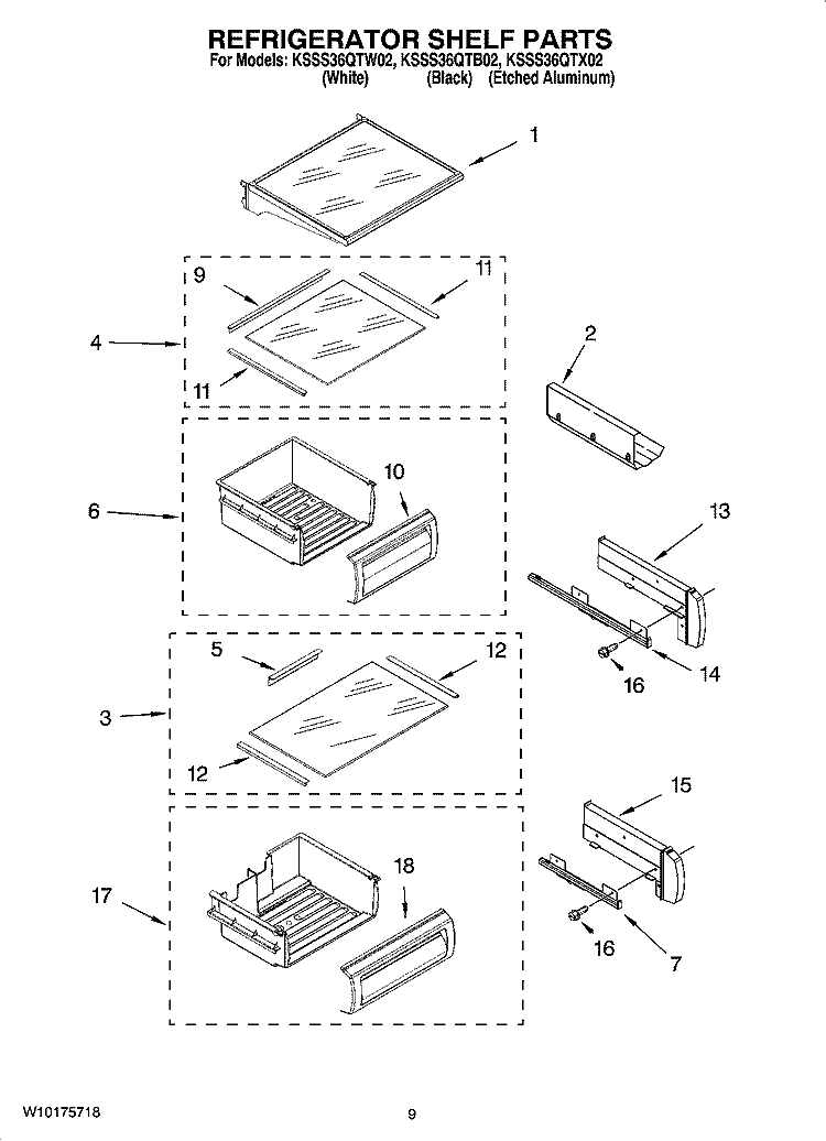 REFRIGERATOR SHELF PARTS Diagram and Parts List for KSSS36QTB02  KitchenAid Refrigerator
