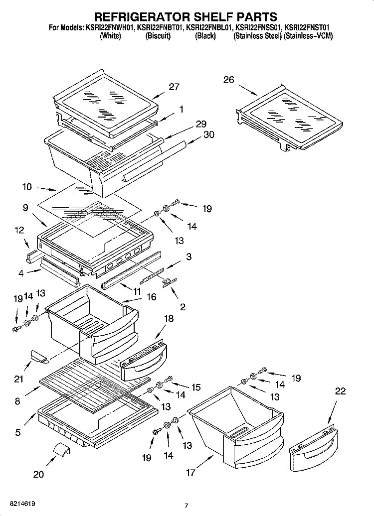 REFRIGERATOR SHELF PARTS Diagram and Parts List for KSRI22FNBL01  KitchenAid Refrigerator