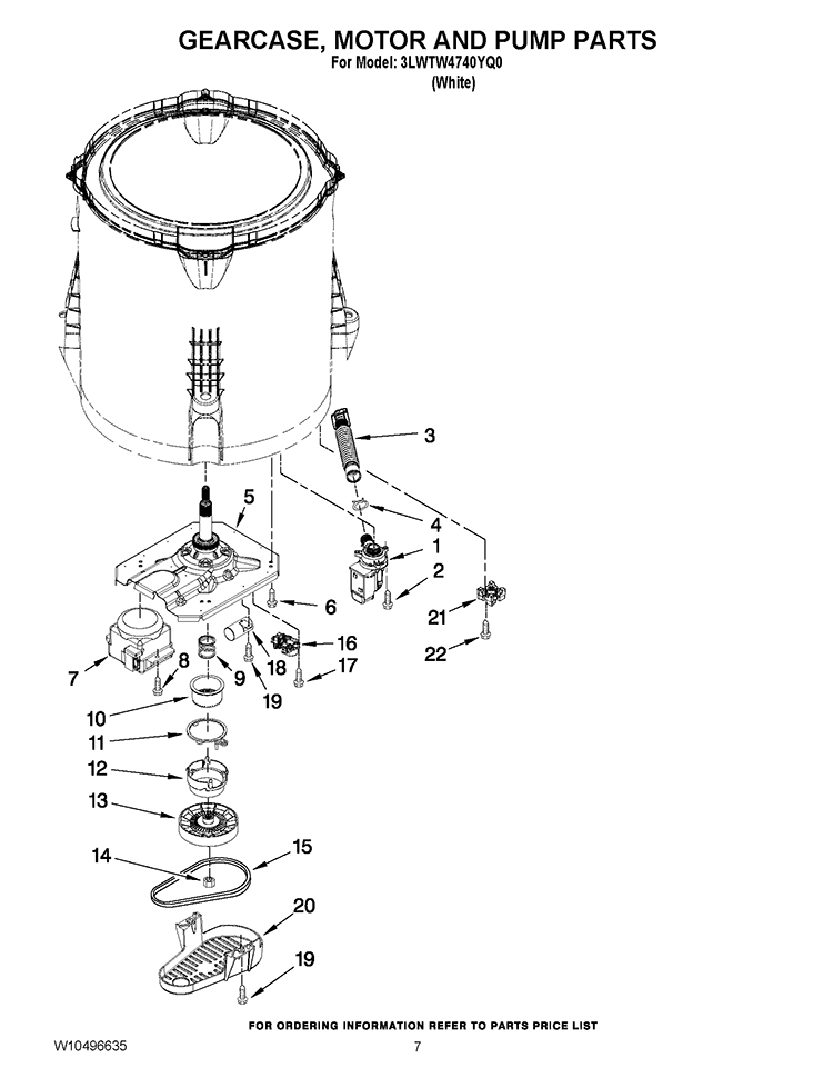 GEARCASE, MOTOR AND PUMP PARTS Diagram and Parts List for 3LWTW4740YQ0  Whirlpool Washer