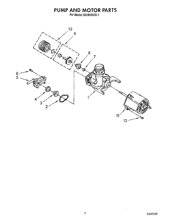 PUMP AND MOTOR Diagram and Parts List for DU4099XX1  Whirlpool Dishwasher