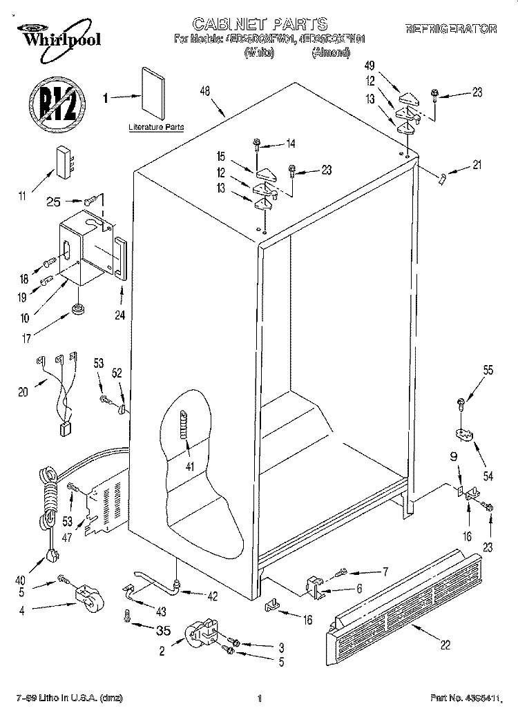 CABINET, LITERATURE Diagram and Parts List for 4ED25DQXFW01  Whirlpool Refrigerator