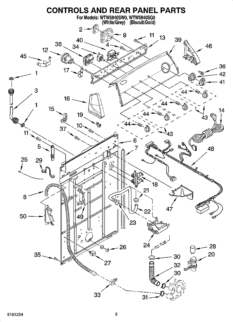CONTROLS AND REAR PANEL PARTS Diagram and Parts List for WTW5840SG0  Whirlpool Washer