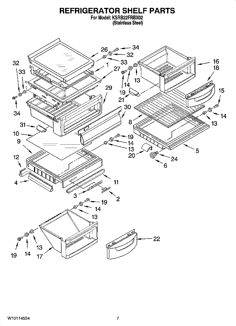 REFRIGERATOR SHELF PARTS Diagram and Parts List for KSRB22FRBX02  KitchenAid Refrigerator