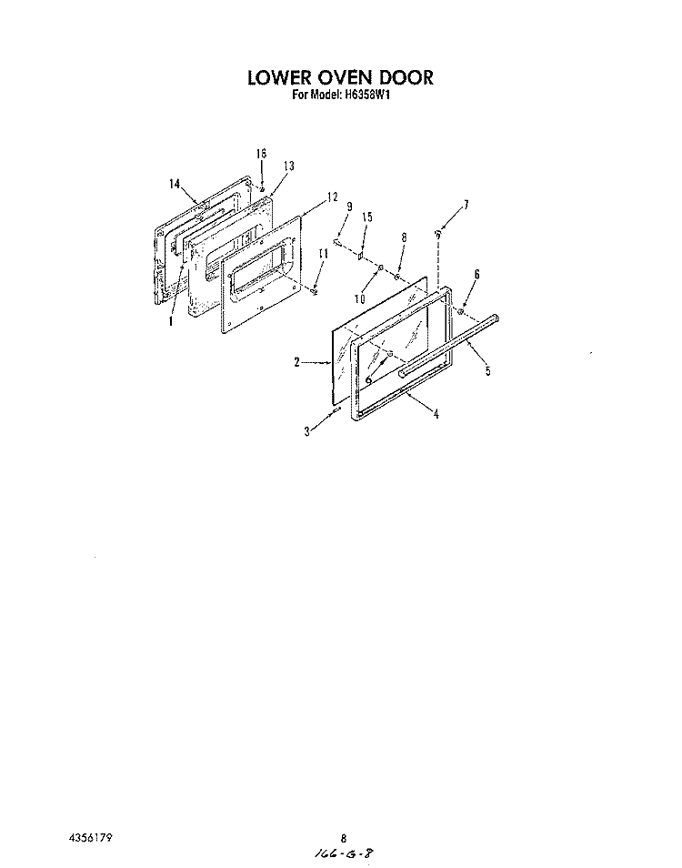 LOWER OVEN DOOR Diagram and Parts List for H6358W1  Roper Range