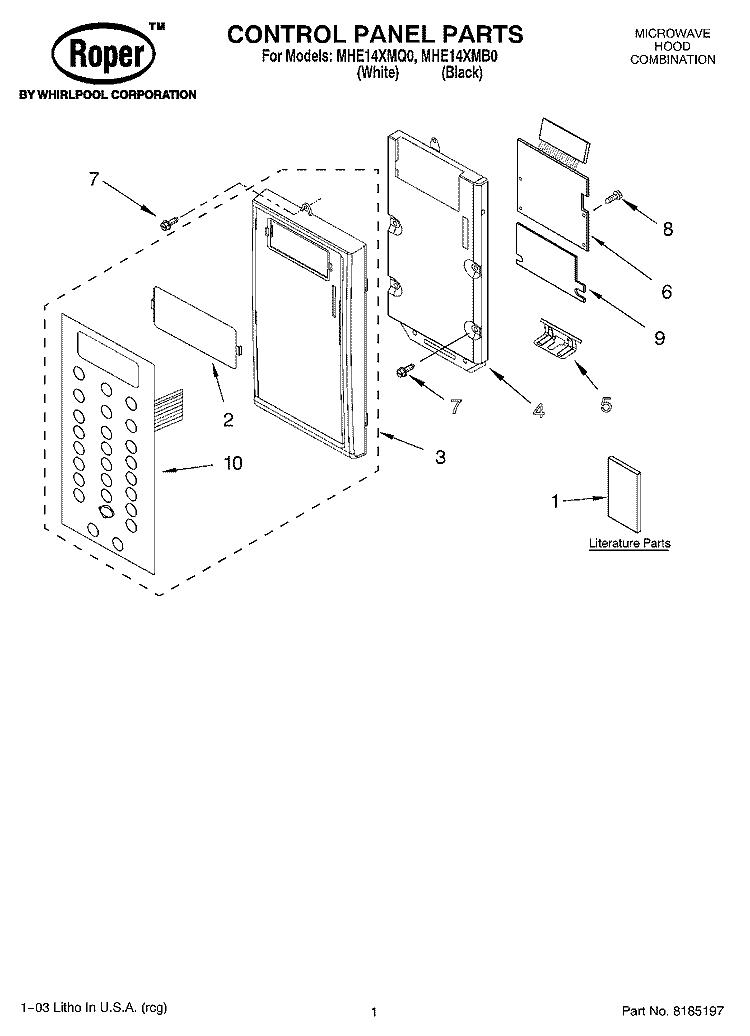 CONTROL PANEL PARTS Diagram and Parts List for MHE14XMQ0  Roper Microwave