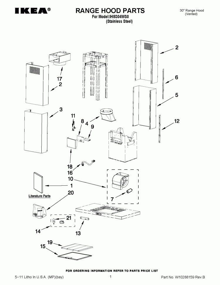 RANGE HOOD PARTS Diagram and Parts List for IHI8304WS0  Inglis Range Hood
