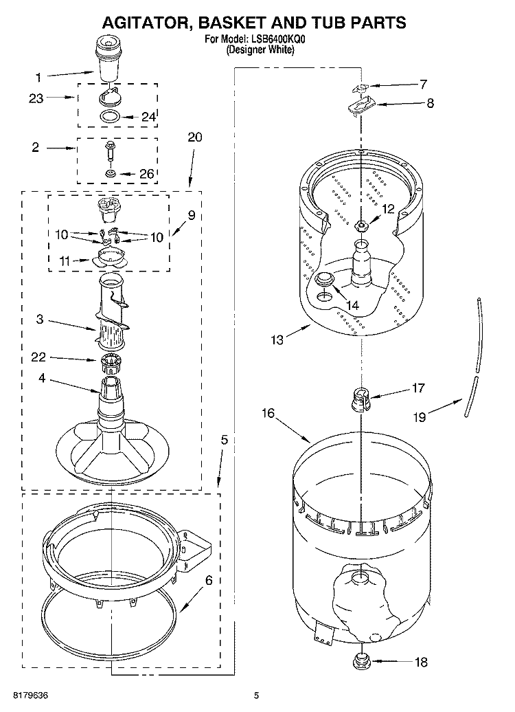 AGITATOR, BASKET AND TUB Diagram and Parts List for LSB6400KQ0  Whirlpool Washer