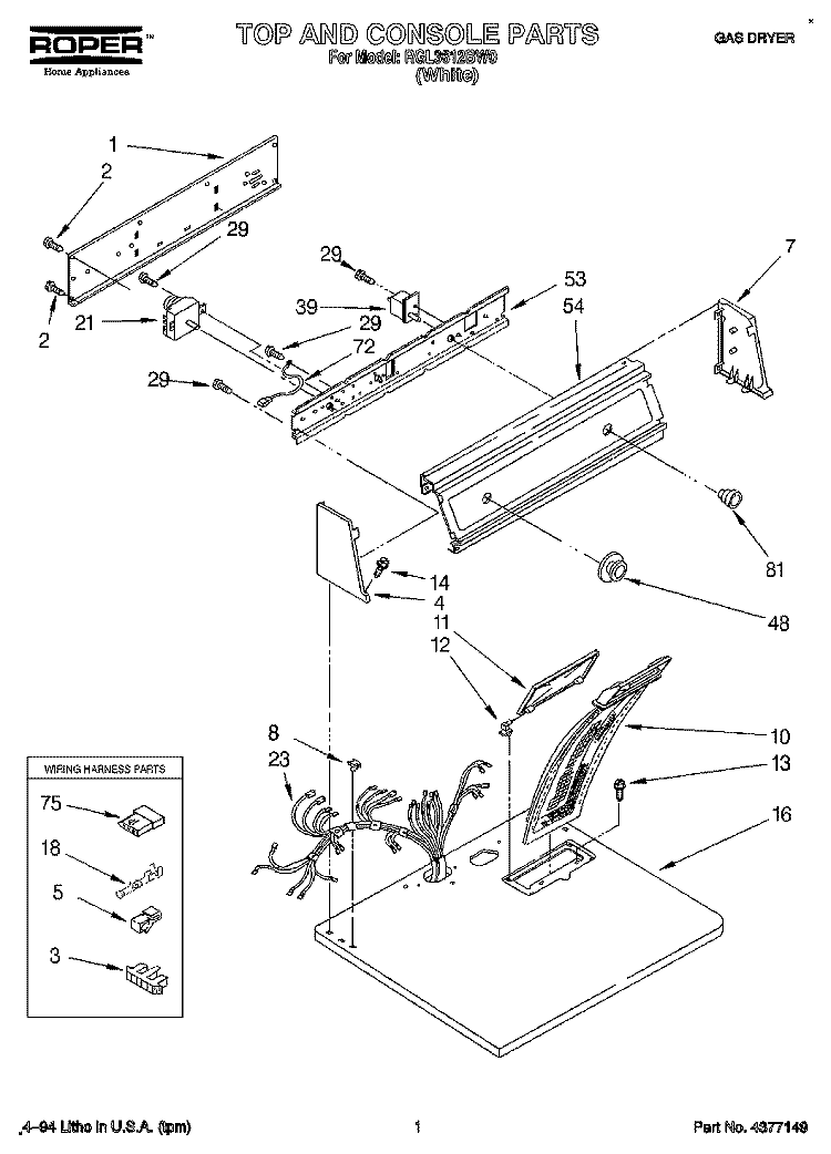 TOP AND CONSOLE, LIT/OPTIONAL Diagram and Parts List for RGL3612BW0  Roper Dryer