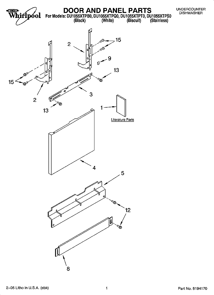 DOOR AND PANEL PARTS Diagram and Parts List for DU1055XTPB0  Whirlpool Dishwasher