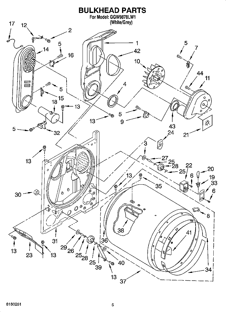 BULKHEAD PARTS Diagram and Parts List for GGW9878LW1  Whirlpool Dryer