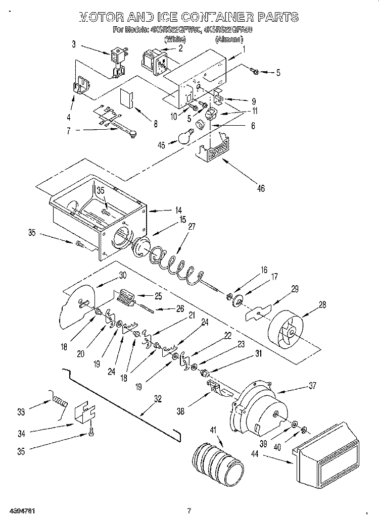 MOTOR AND ICE CONTAINER Diagram and Parts List for 4KSRS22QFW00  KitchenAid Refrigerator