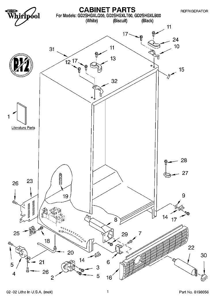 CABINET, LITERATURE Diagram and Parts List for GD2SHGXLQ00  Whirlpool Refrigerator