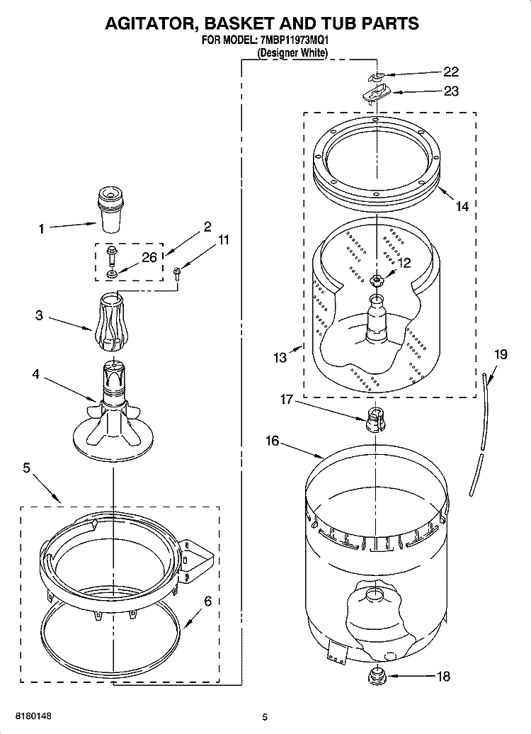AGITATOR, BASKET AND TUB PARTS Diagram and Parts List for 7MBP11973MQ1  Whirlpool Washer