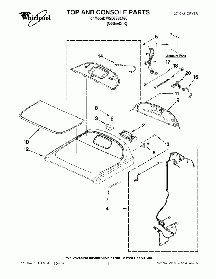 TOP AND CONSOLE PARTS Diagram and Parts List for WGD7990XG0  Whirlpool Dryer