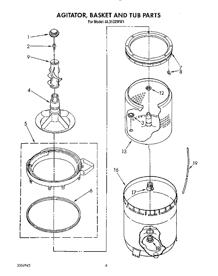 AGITATOR, BASKET AND TUB Diagram and Parts List for AL3132WW1  Whirlpool Washer