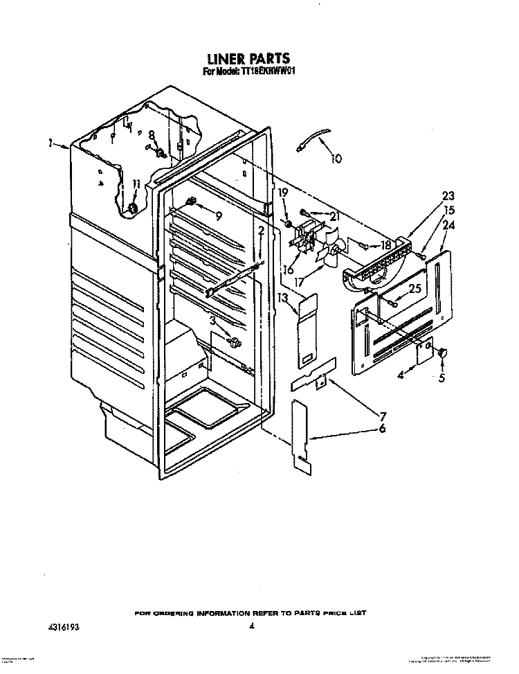 LINER Diagram and Parts List for TT18EKRWW01  Estate Refrigerator