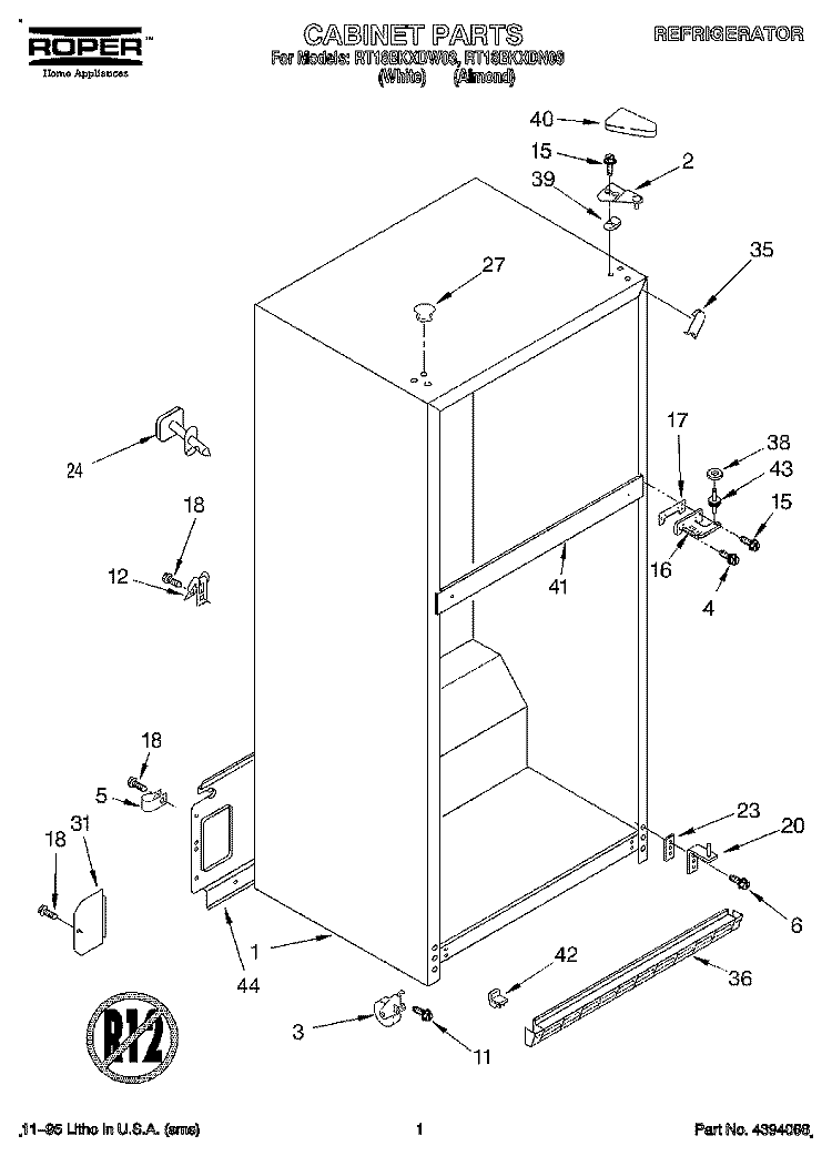 CABINET Diagram and Parts List for RT18BKXDW03  Roper Refrigerator