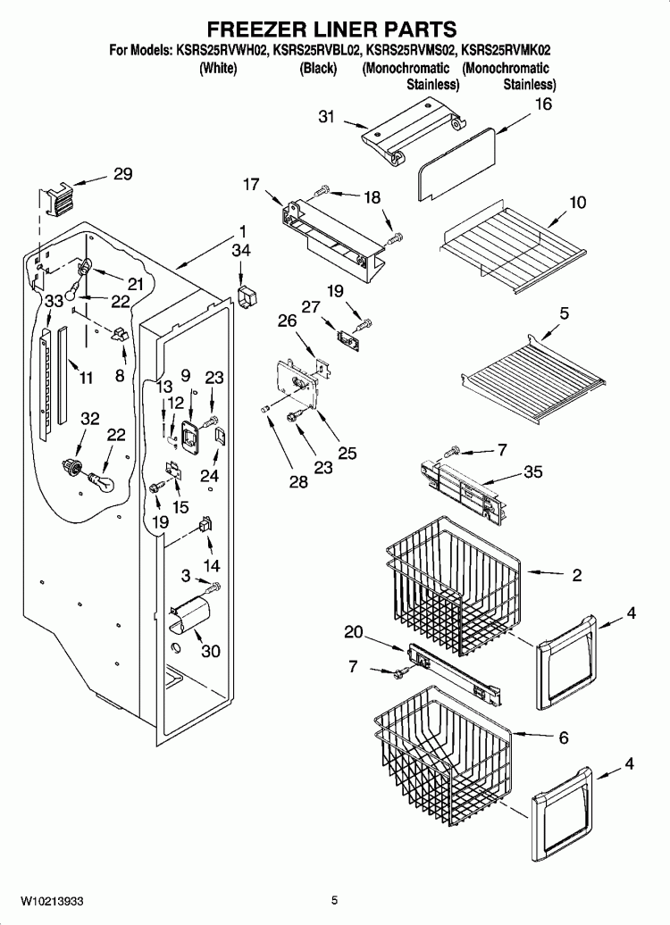FREEZER LINER PARTS Diagram and Parts List for KSRS25RVBL02  KitchenAid Refrigerator