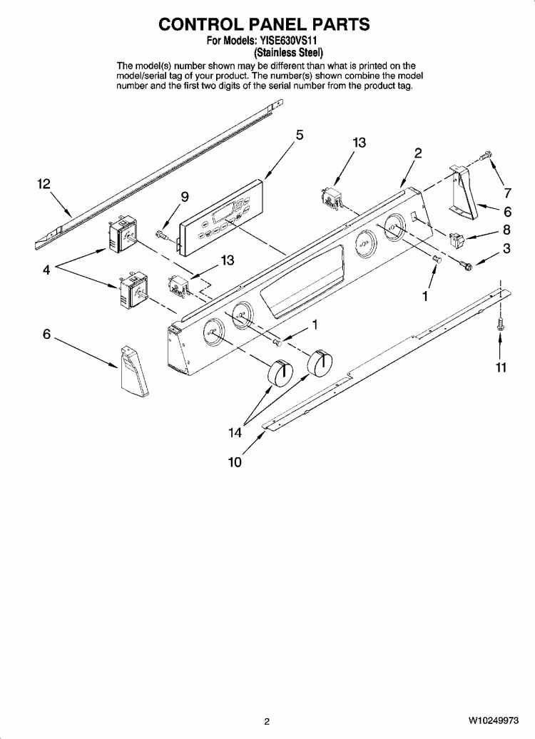 CONTROL PANEL PARTS Diagram and Parts List for YISE630VS11  Whirlpool Range