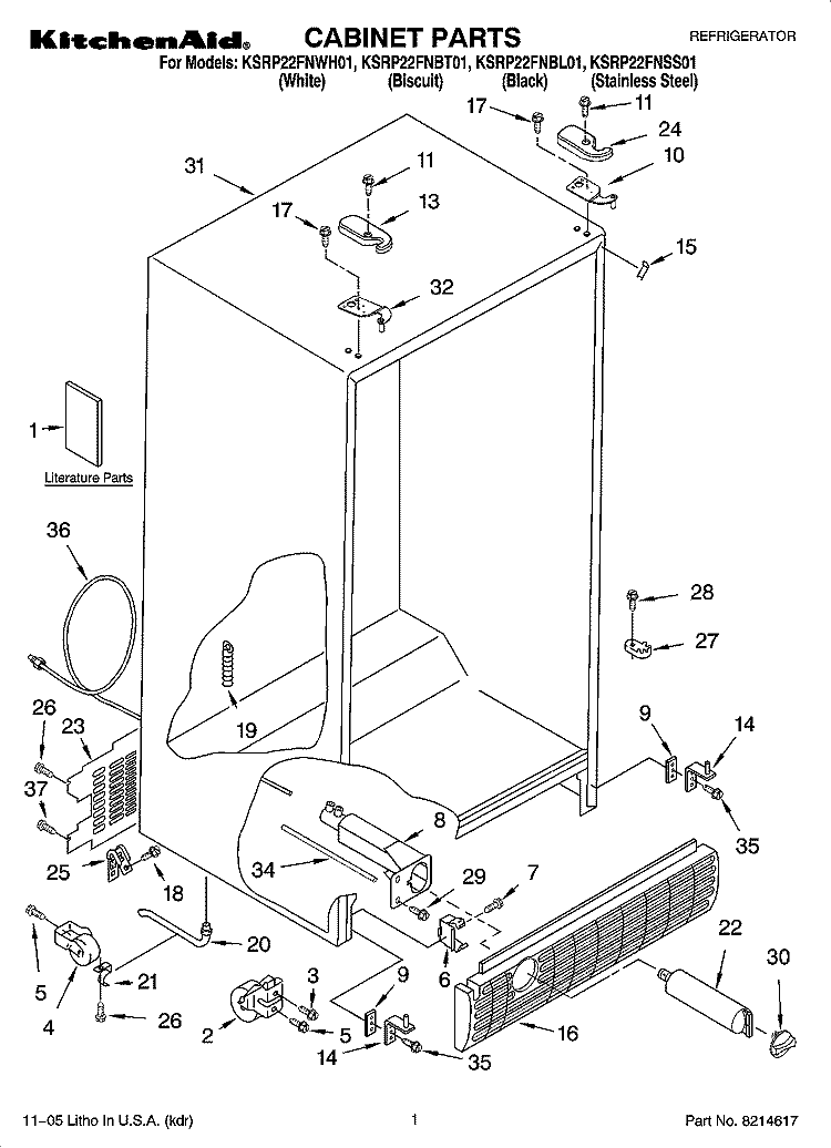 CABINET PARTS Diagram and Parts List for KSRP22FNBL01  KitchenAid Refrigerator