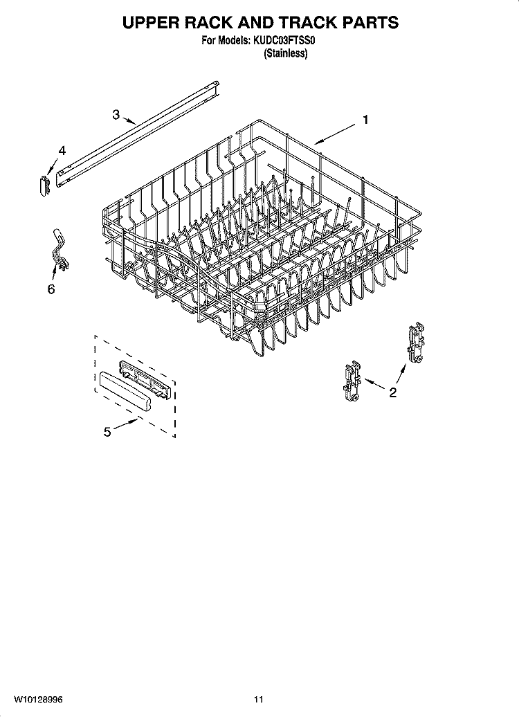 UPPER RACK AND TRACK PARTS Diagram and Parts List for KUDC03FTSS0  KitchenAid Dishwasher