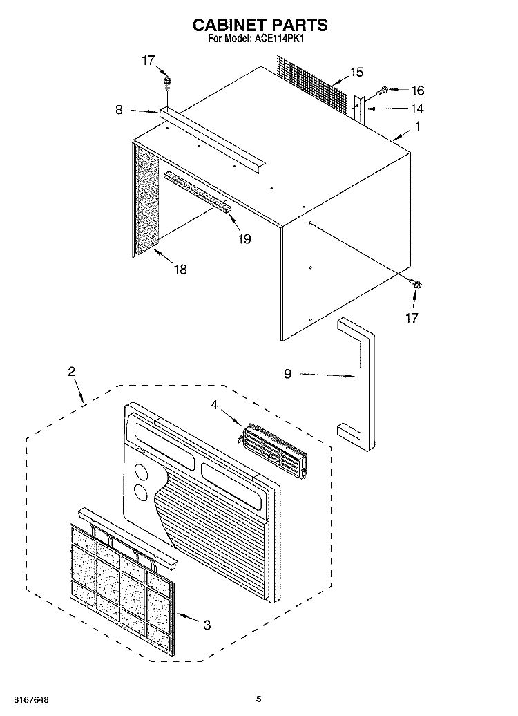 CABINET PARTS Diagram and Parts List for ACE114PK1  Whirlpool Air Conditioner