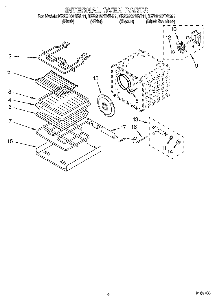 INTERNAL OVEN Diagram and Parts List for KEBS107DBL11  KitchenAid Wall Oven