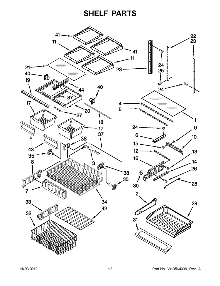 SHELF PARTS Diagram and Parts List for KBFS25EWMS10  KitchenAid Refrigerator