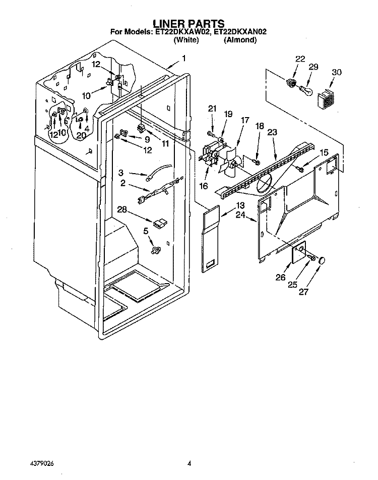 LINER Diagram and Parts List for ET22DKXAN02  Whirlpool Refrigerator