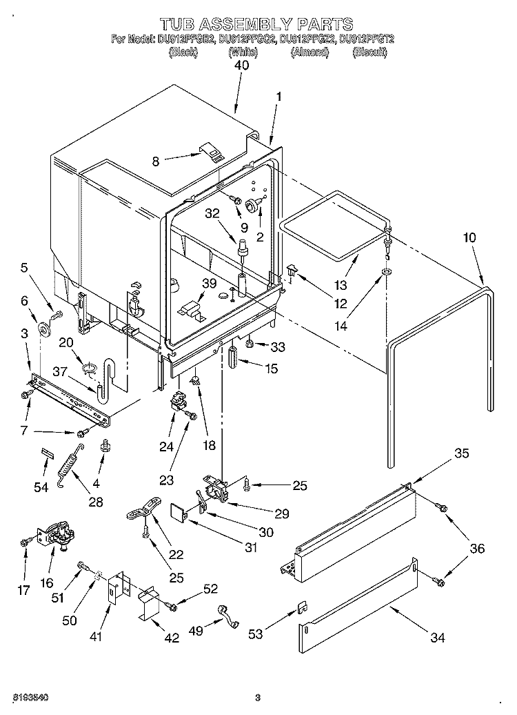 TUB ASSEMBLY Diagram and Parts List for DU912PFGT2  Whirlpool Dishwasher