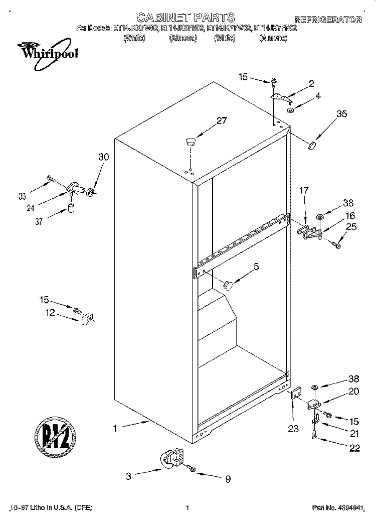 CABINET Diagram and Parts List for ET14JKXFW02  Whirlpool Refrigerator